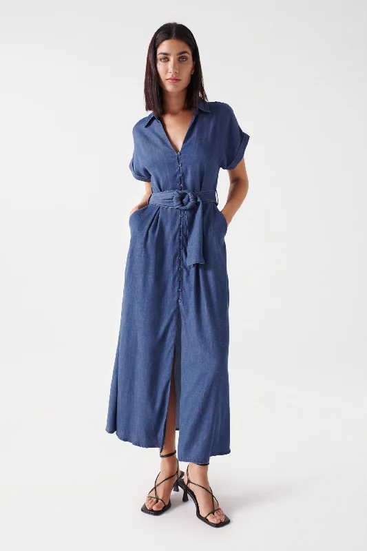 Salsa Belted Waist Midi Dress, Blue Denim Fashionable Casual Midi Dress