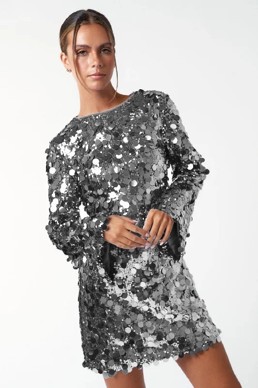 Short Sequin Bell Long Sleeve Mini Dress Sale Elegant Floral-Print Mini Dress