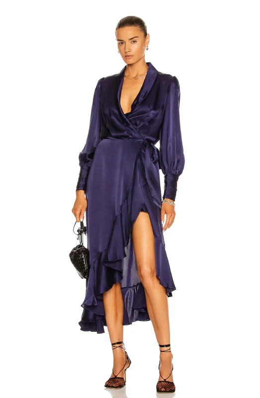 Silk Wrap Midi Dress Indigo by Zimmermann Trendy Tiered Hem Midi Dress