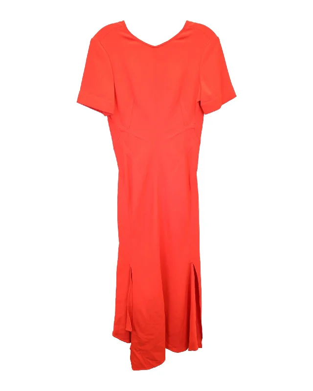 Asymmetric Cady Midi Dress with Side Split and Open Back in Coral Viscose Stylish Vintage Midi Dress