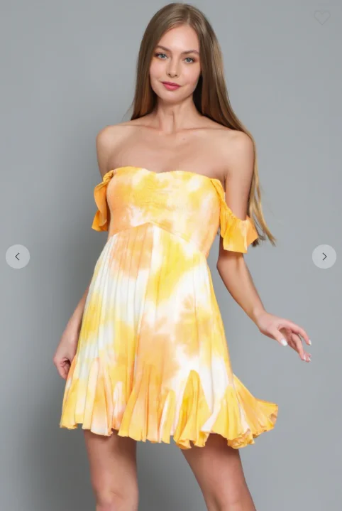 Yellow Tie Dye Mini Dress Comfortable Fit-and-Flare Mini Dress