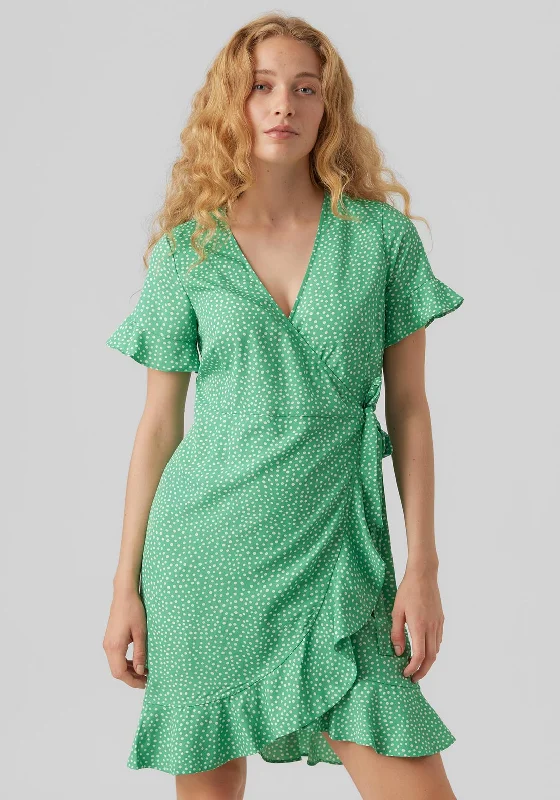 Vero Moda Polka Dot Wrap Mini Dress, Bright Green Trendy Floral Mini Dress