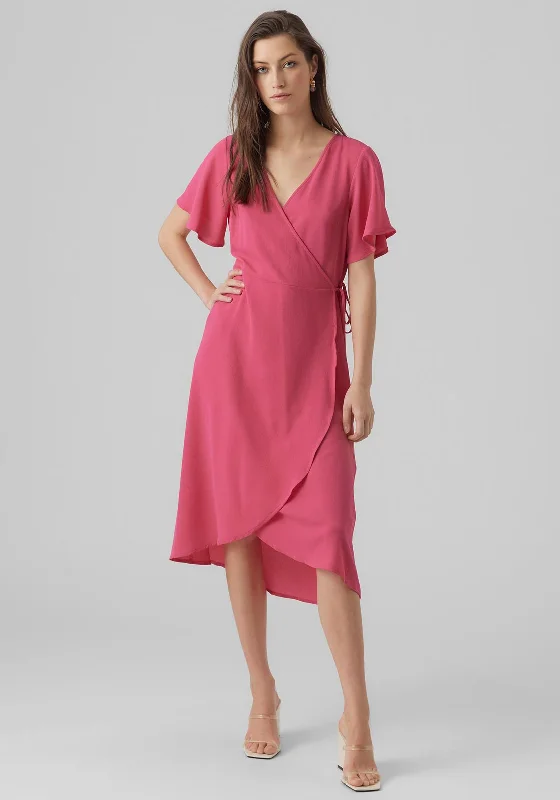 Vero Moda Saki Wrap Midi Dress, Pink Yarrow Comfortable Sleeveless Midi Dress