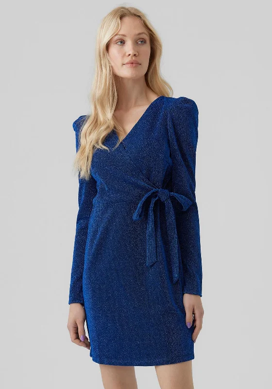 Vero Moda Wild Metallic Wrap Front Mini Dress, Dazzling Blue Elegant Off-Shoulder Dress Mini