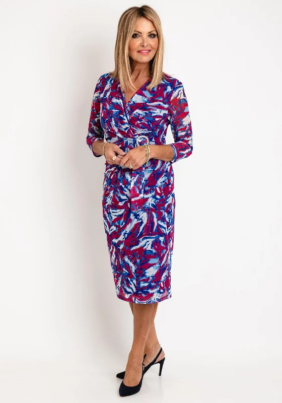 Via Veneto Print Mesh Midi Dress, Blue & Red Stylish Midi Dress with Cuffs