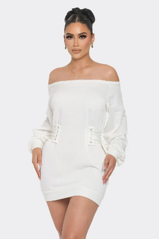 White Lace-Up Off the Shoulder Mini Dress Casual Mini Dress with Pockets