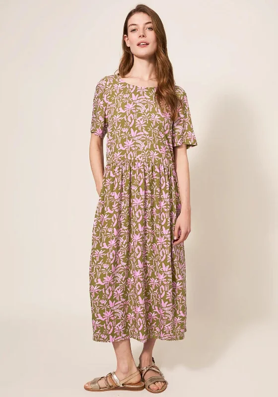 White Stuff Elisa Leaf Print Midi Dress, Green & Pink Stylish Satin Midi Dress