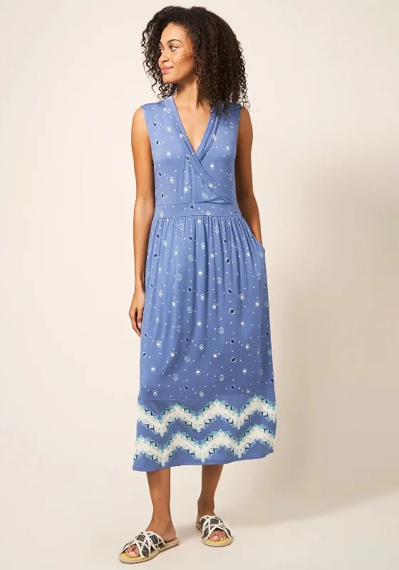 White Stuff Zoe Print Jersey Midi Dress, Blue Fashionable High-Neck Midi Dress