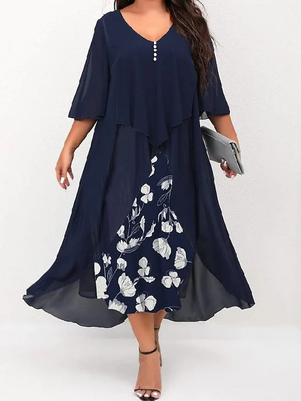 Elegant Floral V-Neck Midi Dress for Women with Curves Comfortable Deep V Midi Dress