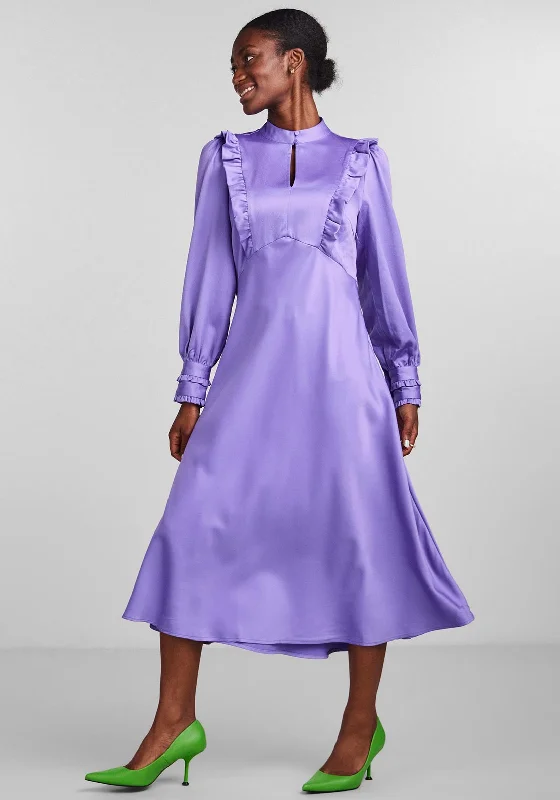 Y.A.S Dahlia Ruffle Midi Dress, Purple Trendy Ruched Side Midi Dress