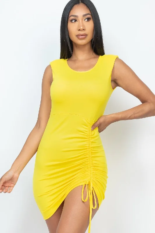 Yellow Drawstring Ruched Mini Dress Elegant Satin Lace Mini Dress