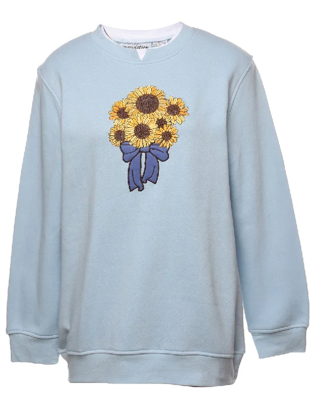 1990s Sunflower Design Sweatshirt - S Hoodie with Drawcord Adjustable Secure