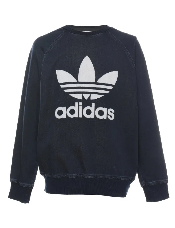 Adidas Black Printed Sweatshirt - L Hoodie with Thumb Holes Functional Cozy