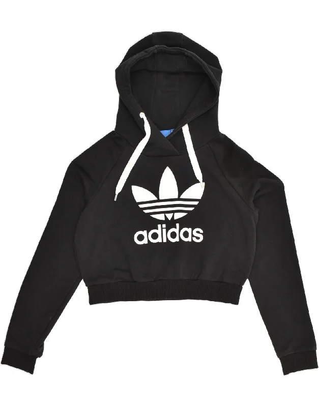 ADIDAS Womens Crop Graphic Hoodie Jumper UK 14 Medium  Black Cotton Hoodie with Front Slit Layering Stylish