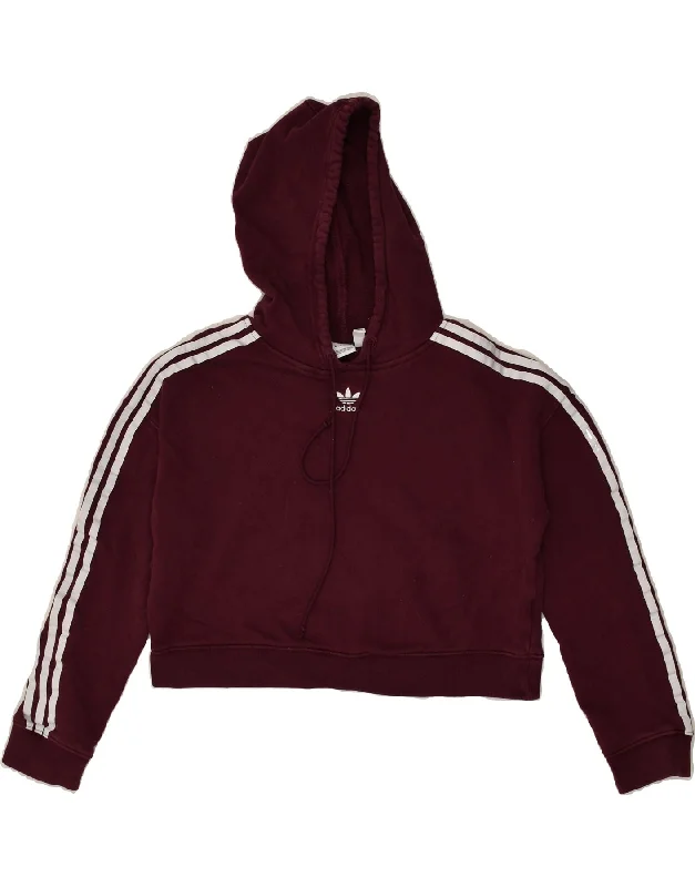 ADIDAS Womens Crop Hoodie Jumper UK 6 XS Burgundy Cotton Hoodie with Hem Embroidery Detailed Premium