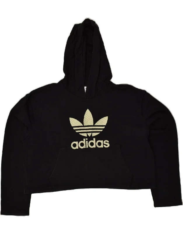 ADIDAS Womens Graphic Crop Hoodie Jumper UK 12 Medium Black Cotton Hoodie with Elastic Waist Stretchable Comfortable