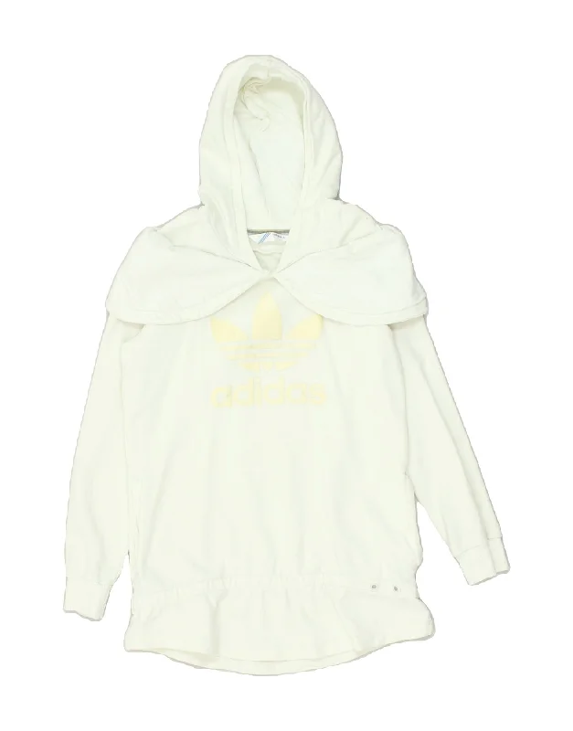 ADIDAS Womens Graphic Hoodie Jumper EU 36 Small Off White Cotton Hoodie with High Neck Warm Protective