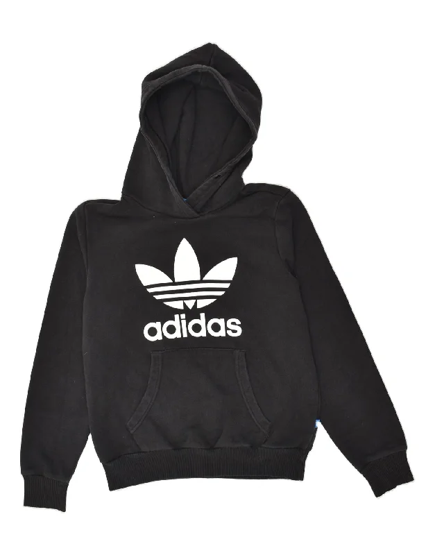 ADIDAS Womens Graphic Hoodie Jumper UK 10 Small Black Cotton Hoodie with Stripes Bold Sporty