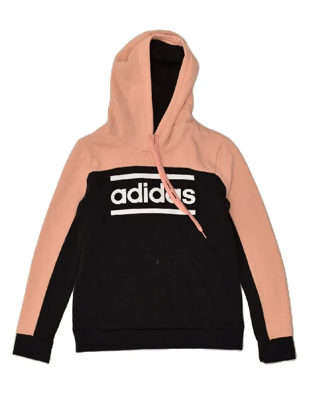 ADIDAS Womens Graphic Hoodie Jumper UK 12-14 Medium Black Colourblock Hoodie with Snap Buttons Easy Quick