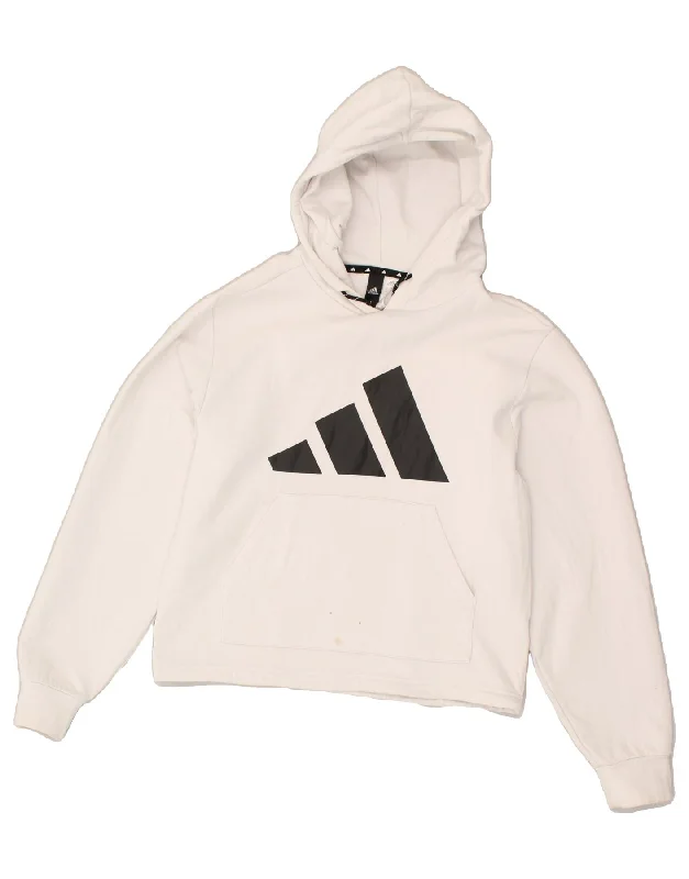 ADIDAS Womens Graphic Hoodie Jumper UK 12/14 Medium White Cotton Hoodie with Distressed Vintage Worn