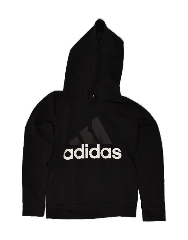 ADIDAS Womens Graphic Hoodie Jumper UK 14 Medium Black Hoodie with Mock Neck Collared Structured