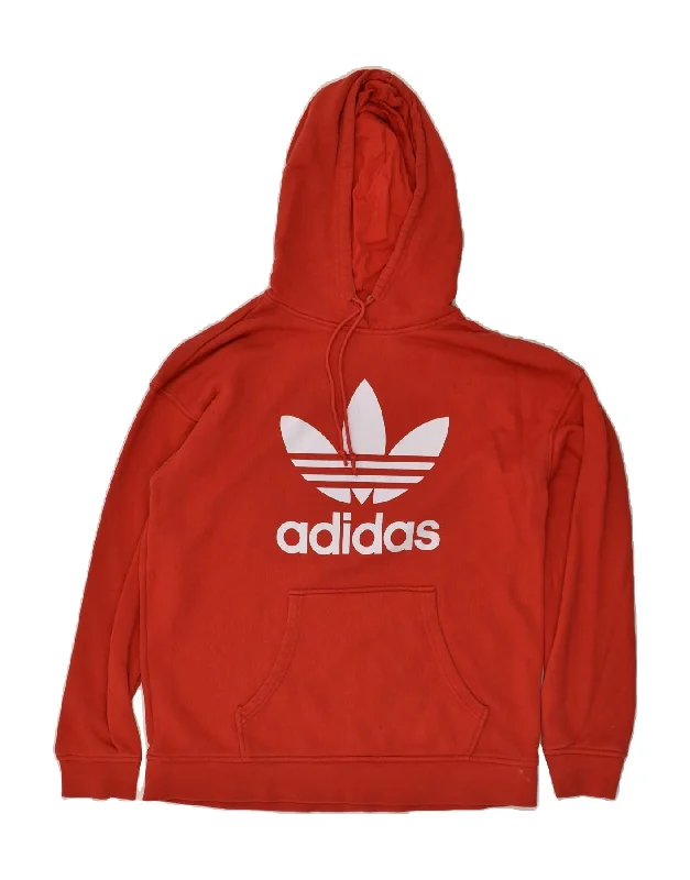 ADIDAS Womens Graphic Hoodie Jumper UK 14 Medium  Red Cotton Hoodie with Raw Hem Edgy Unfinished