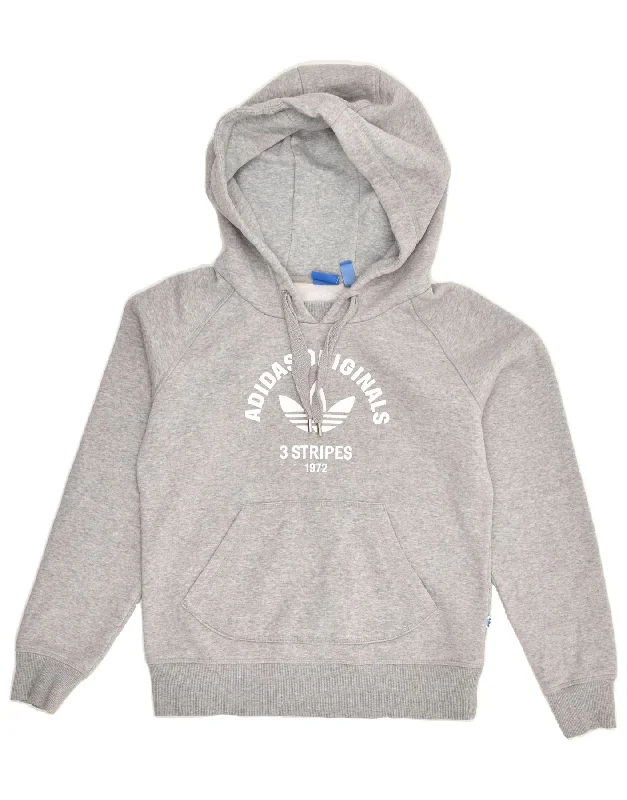 ADIDAS Womens Graphic Hoodie Jumper UK 6 XS  Grey Cotton Hoodie with Hem Ribbing Snug Secure