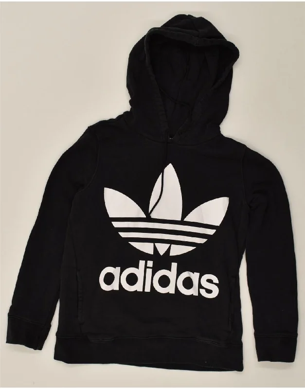 ADIDAS Womens Graphic Hoodie Jumper UK 8 Small Black Cotton Hoodie with Reflective Safety Nightwear