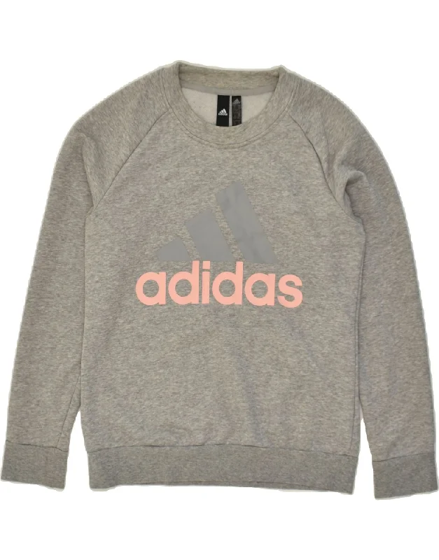 ADIDAS Womens Graphic Sweatshirt Jumper UK 12-14 Medium Grey Cotton Hoodie with Distressed Vintage Worn ADIDAS Womens Graphic Sweatshirt Jumper UK 12-14 Medium Grey Cotton Hoodie with Distressed Vintage Worn