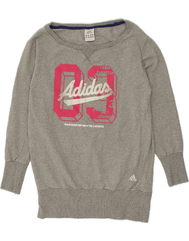 ADIDAS Womens Graphic Sweatshirt Jumper UK 14 Medium Grey Cotton Hoodie with Mock Neck Collared Structured