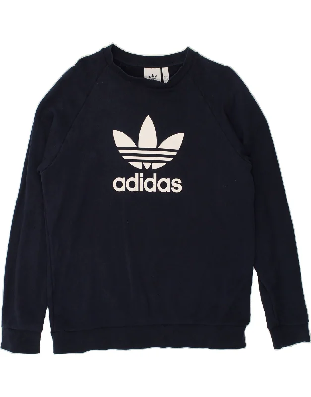 ADIDAS Womens Graphic Sweatshirt Jumper UK14 Medium Navy Blue Cotton Hoodie with Strings Custom Fit Adjustable