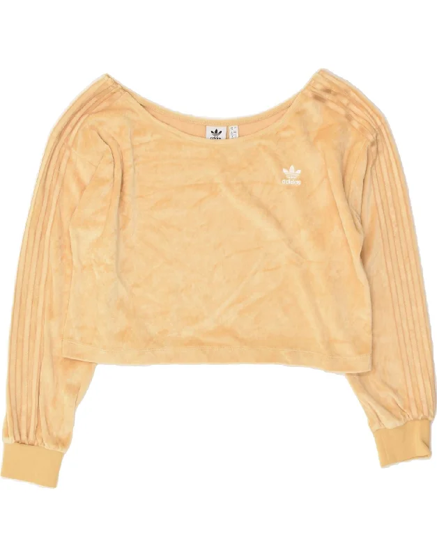 ADIDAS Womens Velour Crop Sweatshirt Jumper UK 12 Medium  Beige Polyester Hoodie with Puffed Sleeves Voluminous Trendy