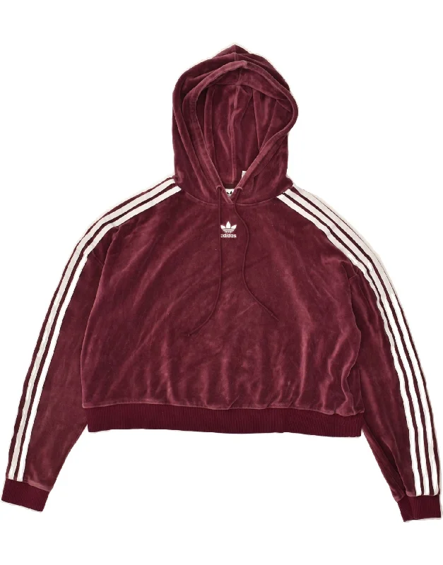 ADIDAS Womens Velour Hoodie Jumper UK 12 Medium  Maroon Cotton Hoodie with Raglan Sleeves Sporty Comfortable