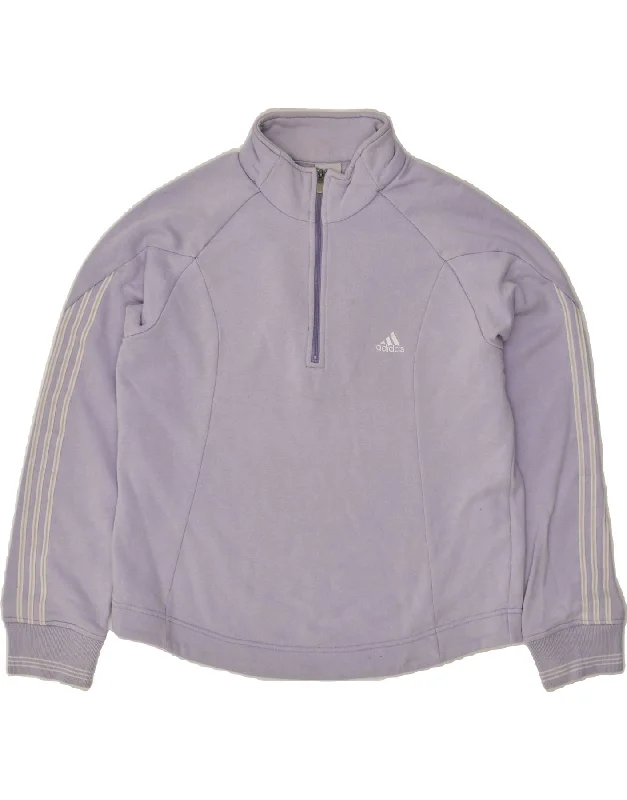 ADIDAS Womens Zip Neck Sweatshirt Jumper UK 16 Large Purple Cotton Hoodie with Raglan Sleeves Sporty Comfortable