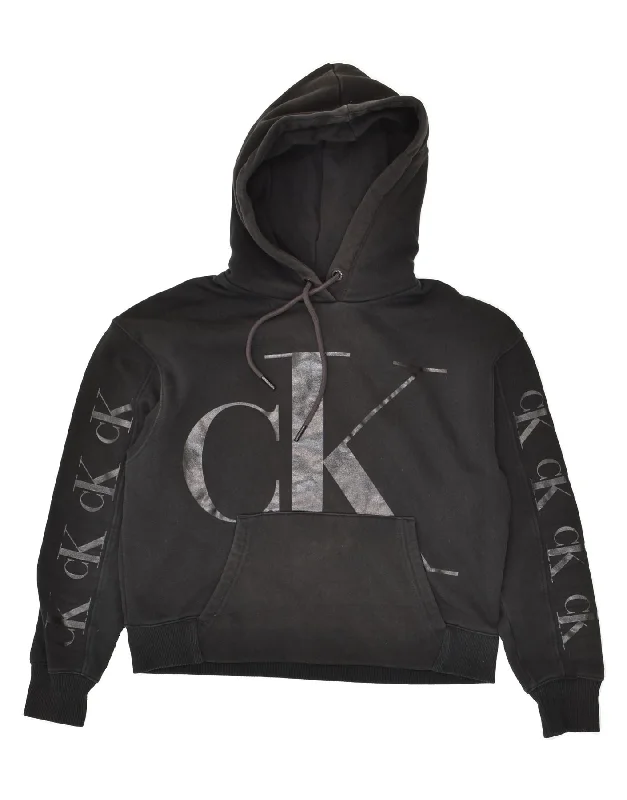 CALVIN KLEIN Womens Graphic Crop Hoodie Jumper UK 6 XS Black Cotton Hoodie with Puffed Sleeves Voluminous Trendy