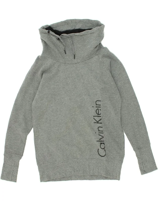 CALVIN KLEIN Womens Graphic Roll Neck Sweatshirt Jumper UK 16 Large Grey Hoodie with Turtle Neck Cozy Winter