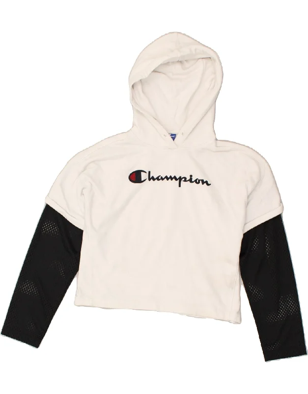 CHAMPION Womens Crop Graphic Hoodie Jumper UK12 Medium White Colourblock Hoodie with Tie-Dye Psychedelic Retro