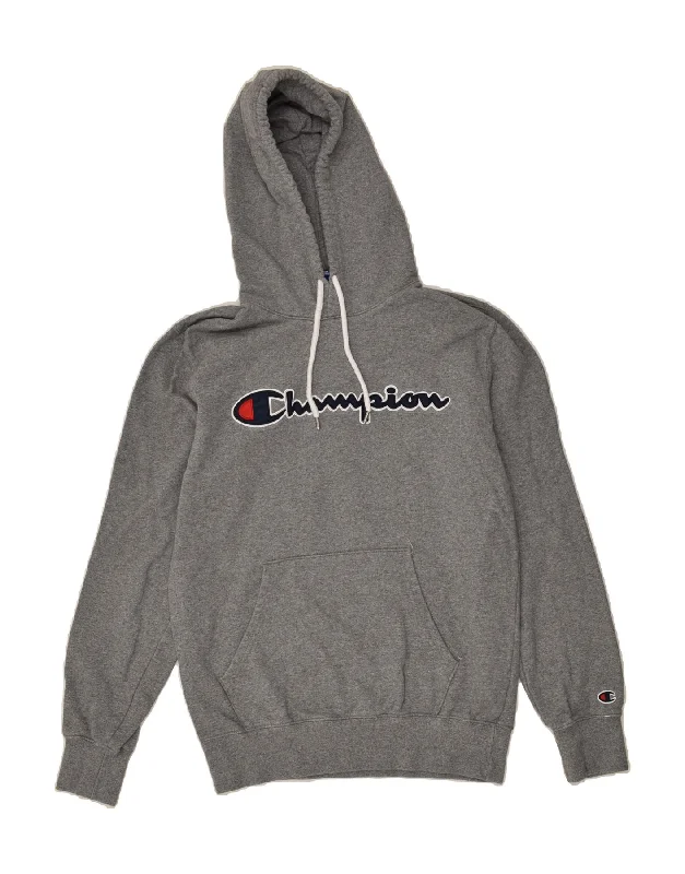 CHAMPION Womens Graphic Hoodie Jumper Large Grey Cotton Hoodie with Elastic Waist Stretchable Comfortable