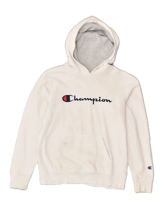 CHAMPION Womens Graphic Hoodie Jumper Large White Cotton Hoodie with Earth Tones Natural Calm