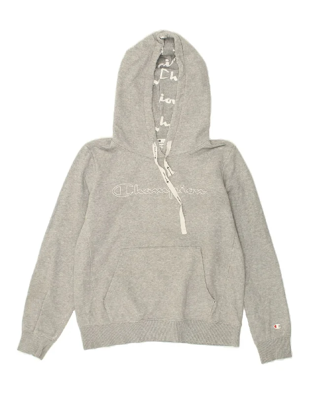 CHAMPION Womens Graphic Hoodie Jumper Medium Grey Cotton Hoodie with Elastic Cuffs Stretchable Comfortable