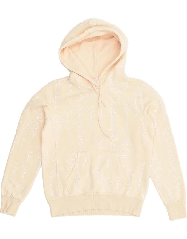 CHAMPION Womens Graphic Hoodie Jumper UK 10 Small Beige Cotton Zip Hoodie Drawstring Kangaroo Pocket