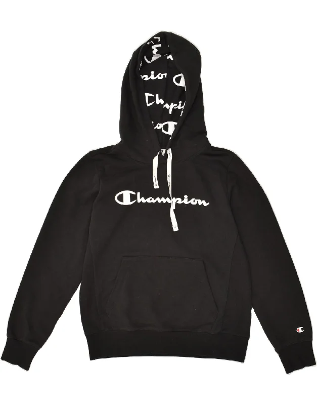 CHAMPION Womens Graphic Hoodie Jumper UK 10 Small Black Hoodie with Typography Text Message