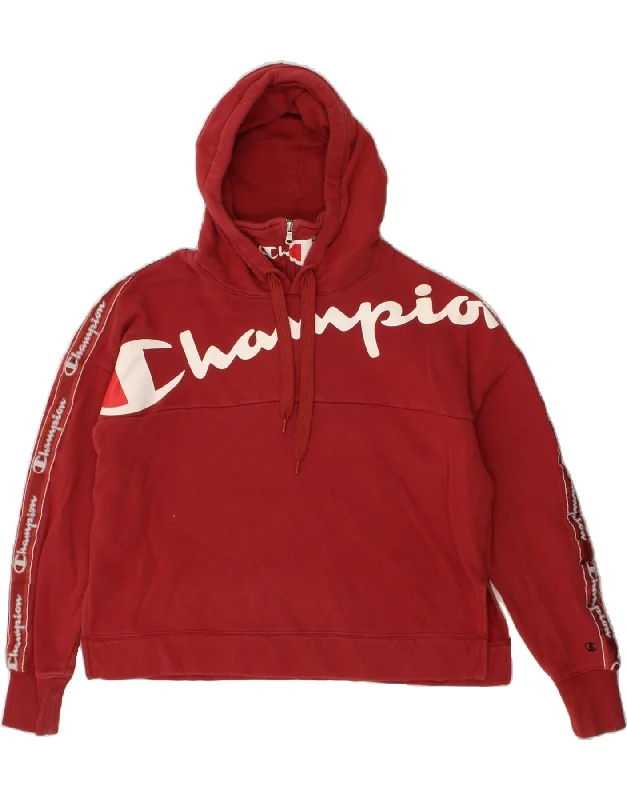 CHAMPION Womens Graphic Hoodie Jumper UK 10 Small Red Cotton Hoodie with Set-In Sleeves Structured Classic