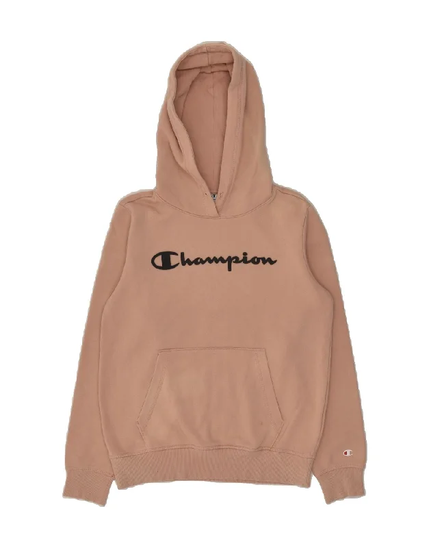CHAMPION Womens Graphic Hoodie Jumper UK 12 Medium Beige Cotton Hoodie with Drawcord Adjustable Secure CHAMPION Womens Graphic Hoodie Jumper UK 12 Medium Beige Cotton Hoodie with Drawcord Adjustable Secure