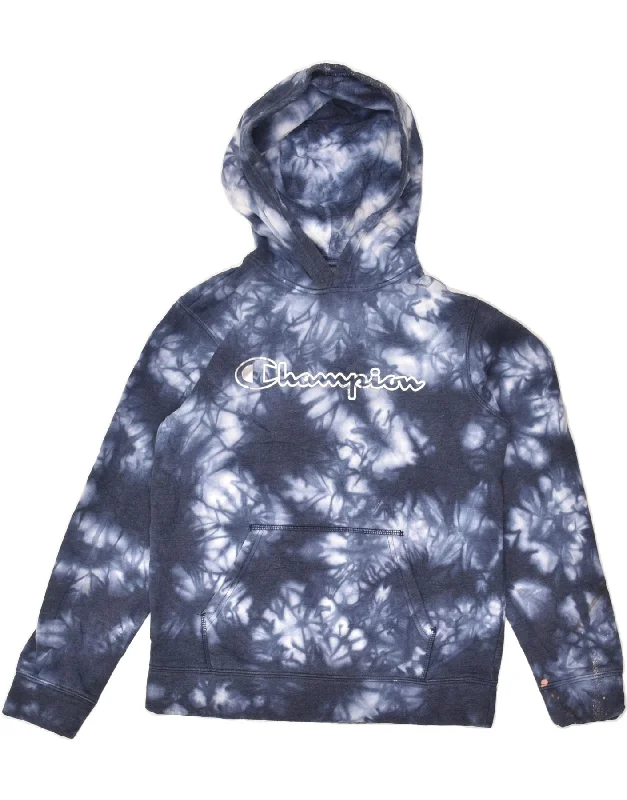 CHAMPION Womens Graphic Hoodie Jumper UK 14 Large Blue Tie Dye Cotton Hoodie with Half-Zip Sporty Casual