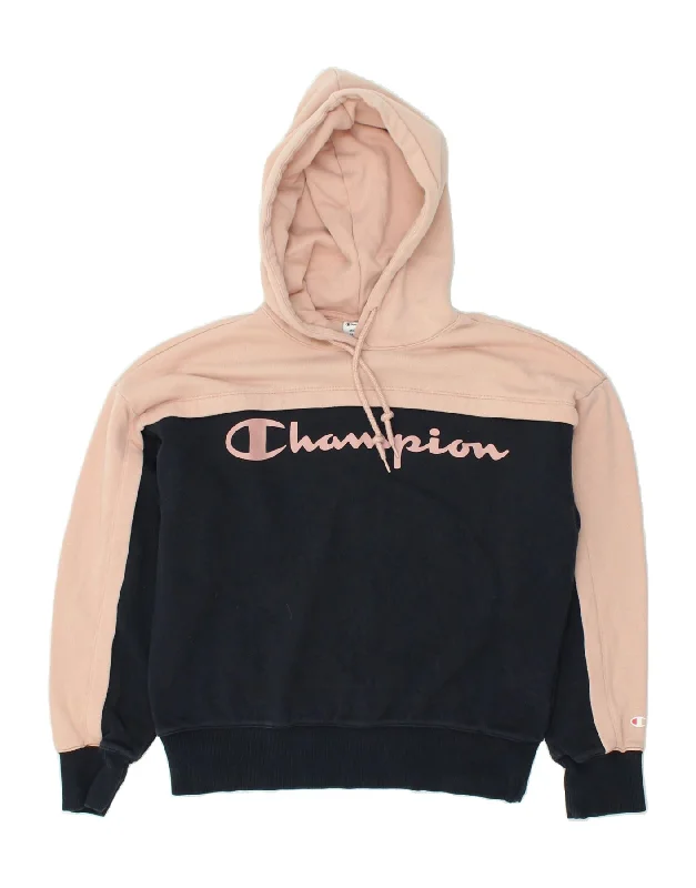 CHAMPION Womens Graphic Hoodie Jumper UK 14 Medium Beige Colourblock Hoodie Crop Top Short Trendy