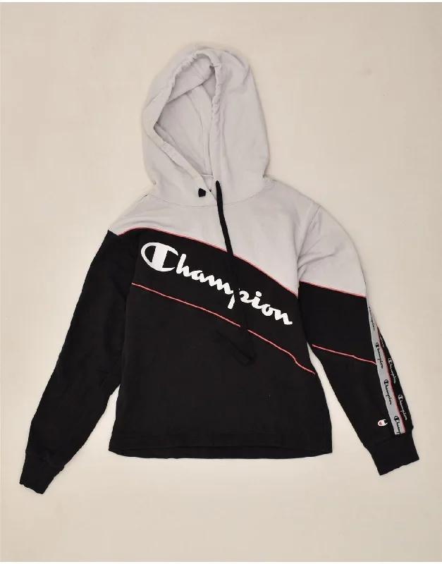 CHAMPION Womens Graphic Hoodie Jumper UK 14 Medium Black Colourblock Hoodie with Lace Feminine Delicate