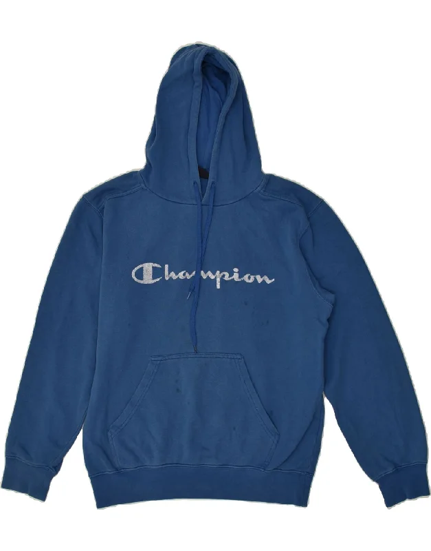 CHAMPION Womens Graphic Hoodie Jumper UK 14 Medium Blue Cotton Hoodie with Side Slits Relaxed Casual