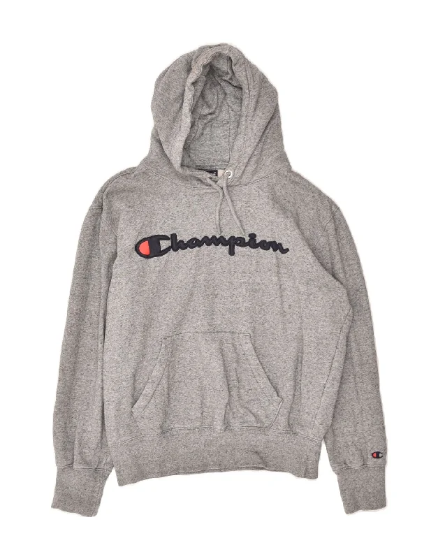 CHAMPION Womens Graphic Hoodie Jumper UK 14 Medium Grey Cotton Hoodie with Lining Warm Insulated