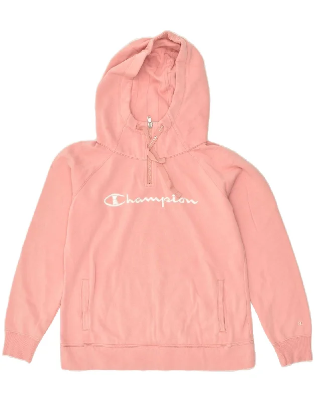 CHAMPION Womens Graphic Hoodie Jumper UK 14 Medium Pink Hoodie with Strings Custom Fit Adjustable